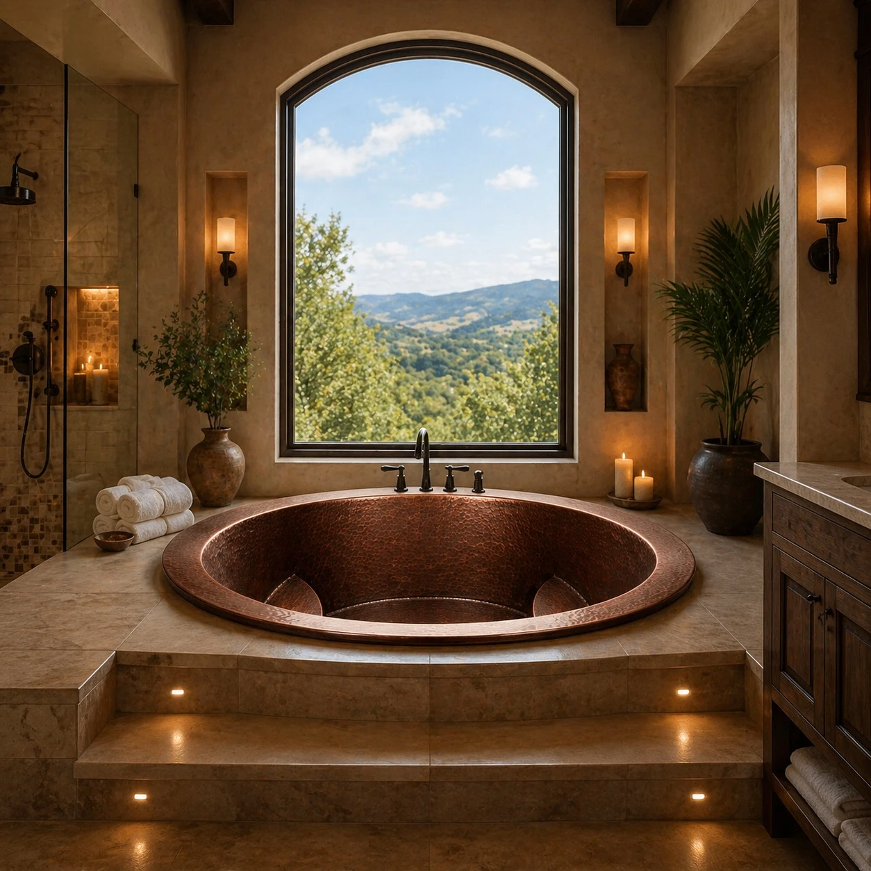 Round hammered copper bathtub with interior seating steps in spa style luxury bathroom with stone finishes and soft lighting