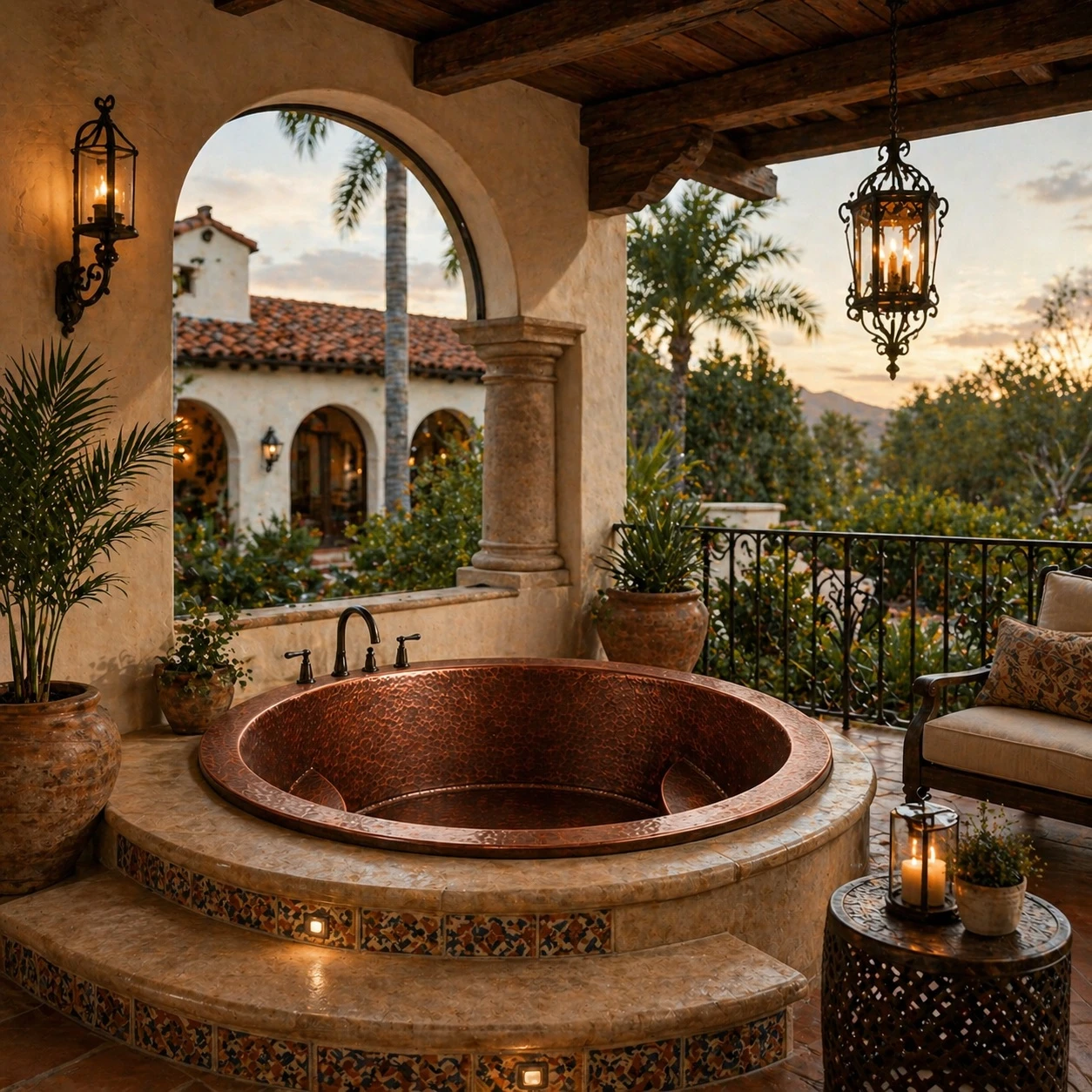 Round hammered copper bathtub with interior seating steps on covered outdoor patio with mission revival style architecture and lantern lighting