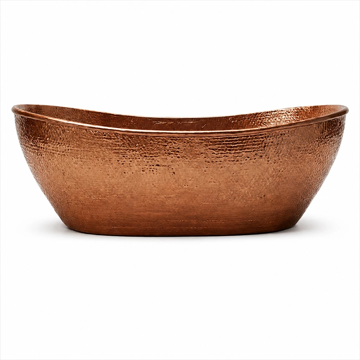 Hammered polished copper bathtub oval shape natural patina finish centered on white background highlighting hammered texture