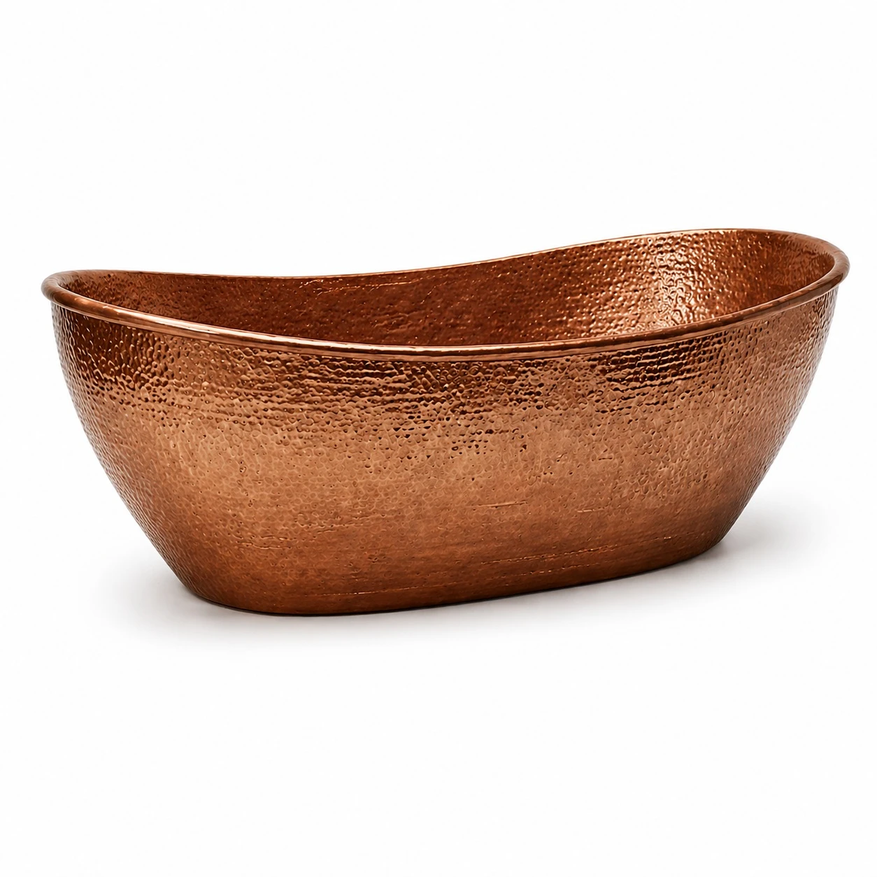 Hammered copper bathtub oval shape shown in angled side view with warm textured surface