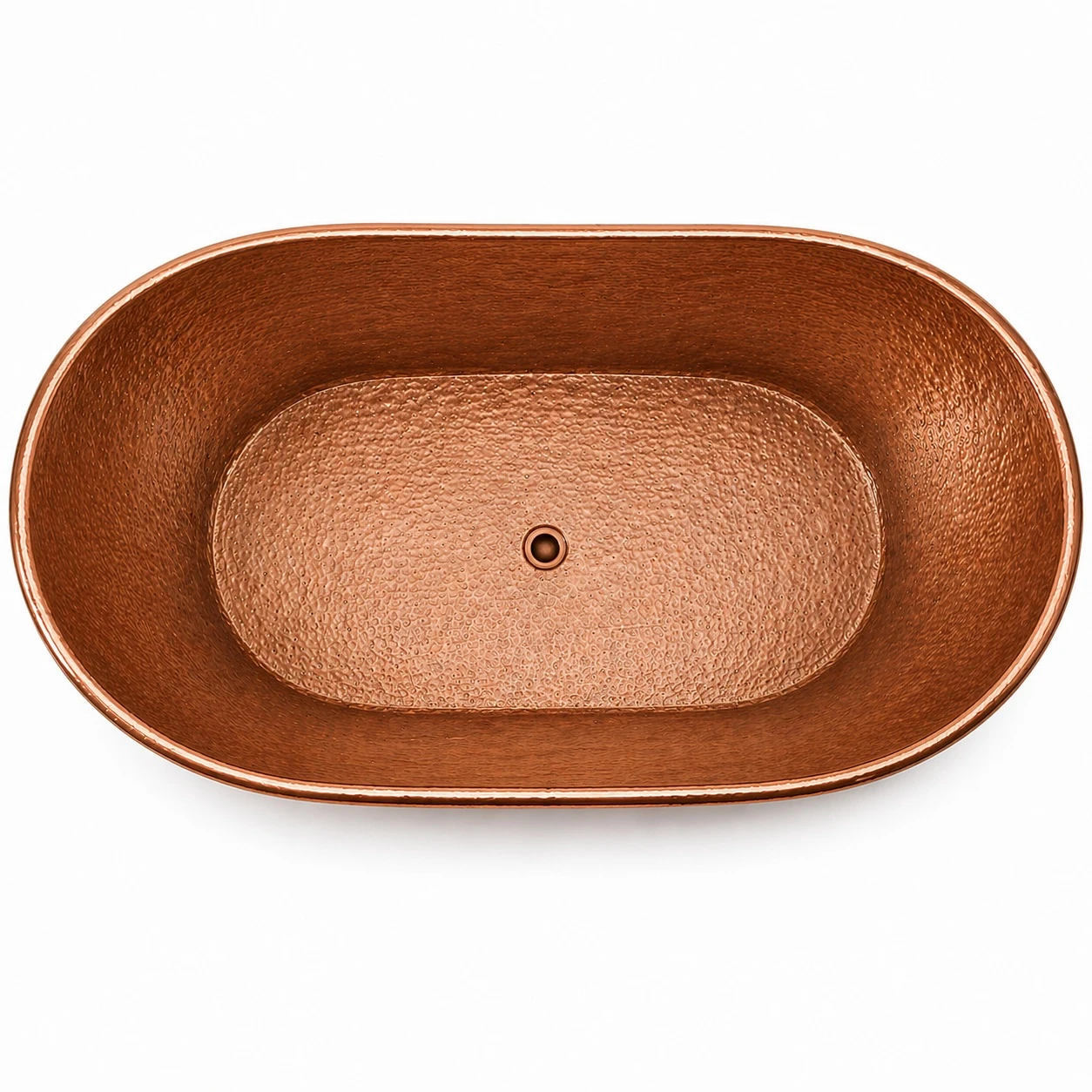Hammered copper bathtub oval shape polished finish top view showing drain and rounded rim