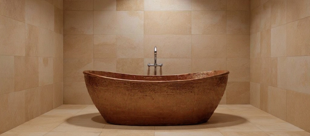 Hammered copper bathtub oval shape with polished finish in luxury bathroom, smooth reflective surface with warm glow and elegant setting