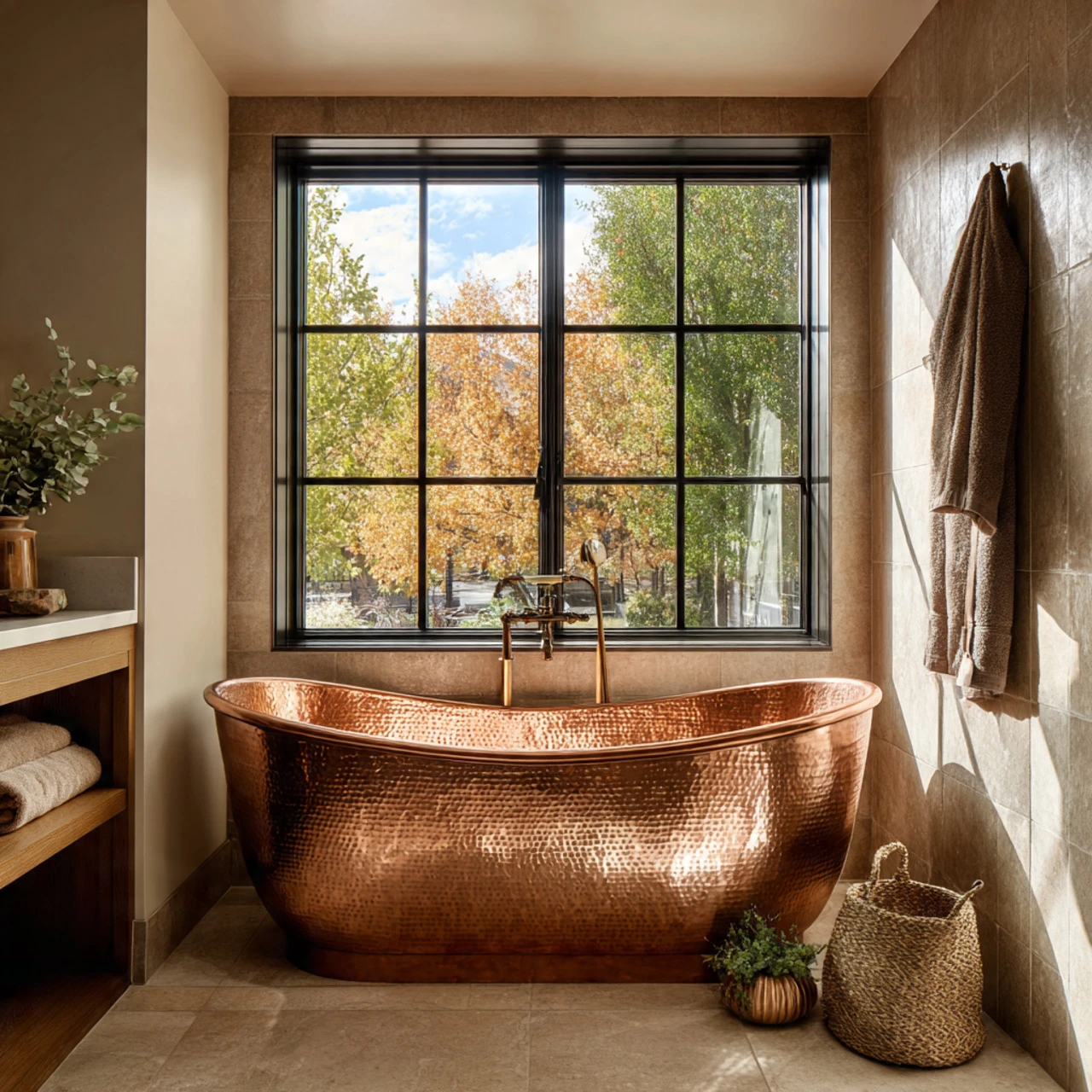 Hammered copper bathtub oval shape with polished finish in transitional bathroom, smooth reflective surface with warm tones and balanced design