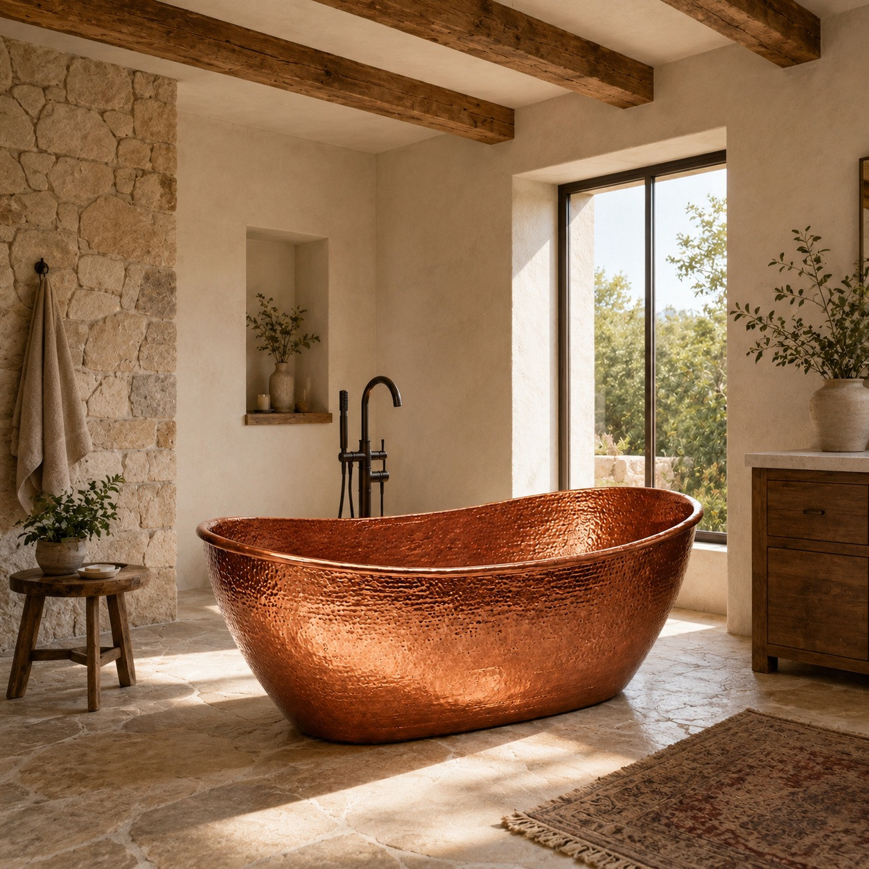 Polished hammered copper bathtub in modern rustic bathroom with exposed beams, stone floor, and plaster walls