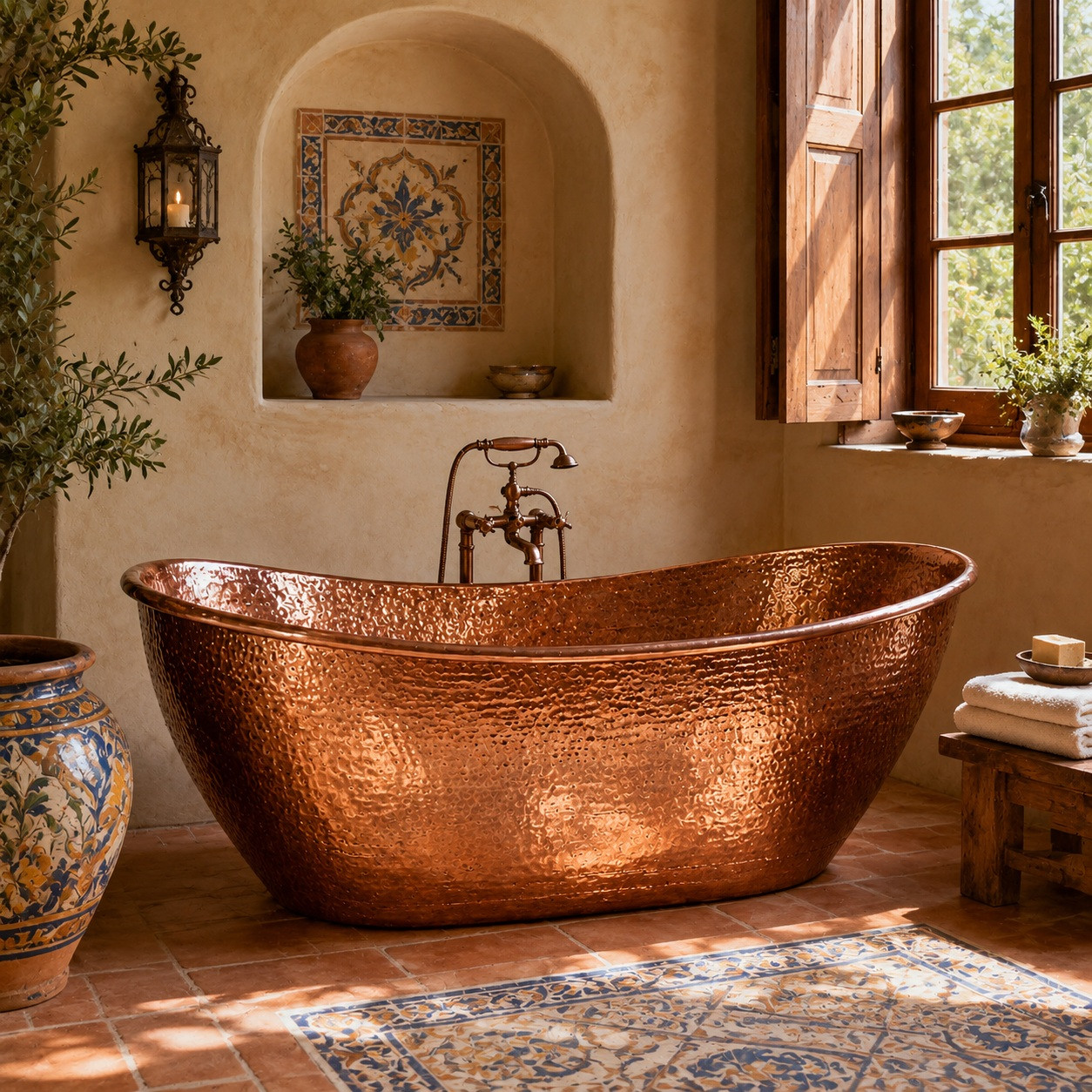 Polished hammered copper bathtub in Mediterranean bathroom with terracotta tile, hand-painted accents, and warm light
