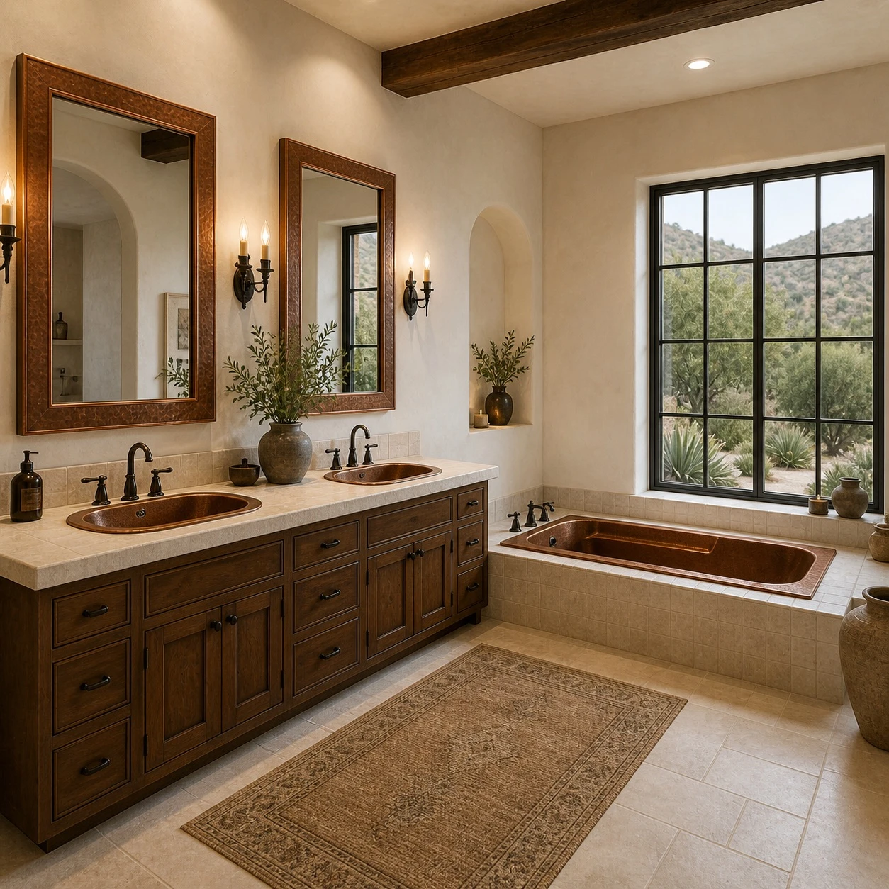 Hammered drop-in copper bathtub with armrests paired with handcrafted copper sinks and rustic wood cabinetry