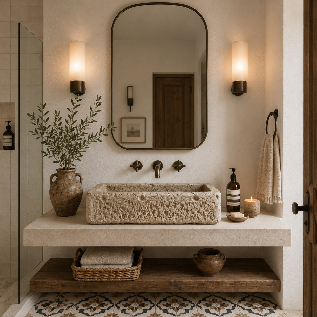 Rectangular cantera stone vessel sink in boutique hotel vanity bathroom with ceramic tile floor and white walls