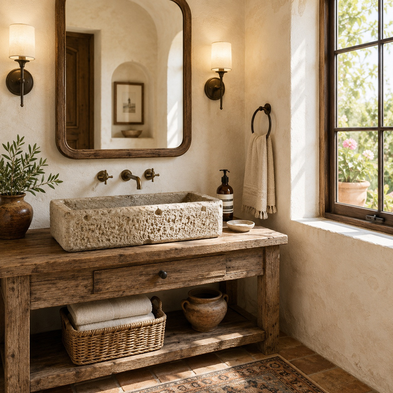 Rectangular Cantera stone vessel sink on a reclaimed wood vanity in a Mediterranean powder room