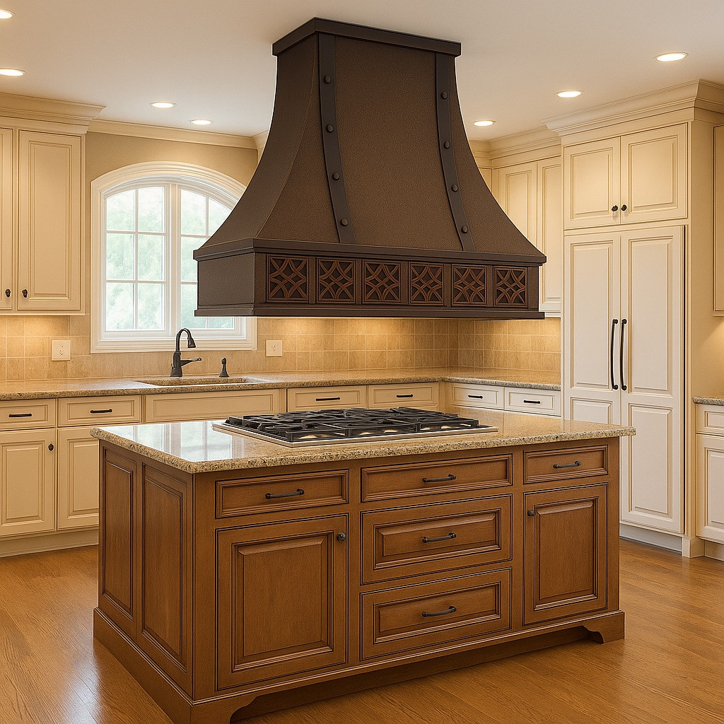 Central island Spanish Colonial Revival copper range hood in traditional kitchen, hammered canopy with warm patina above island cooktop