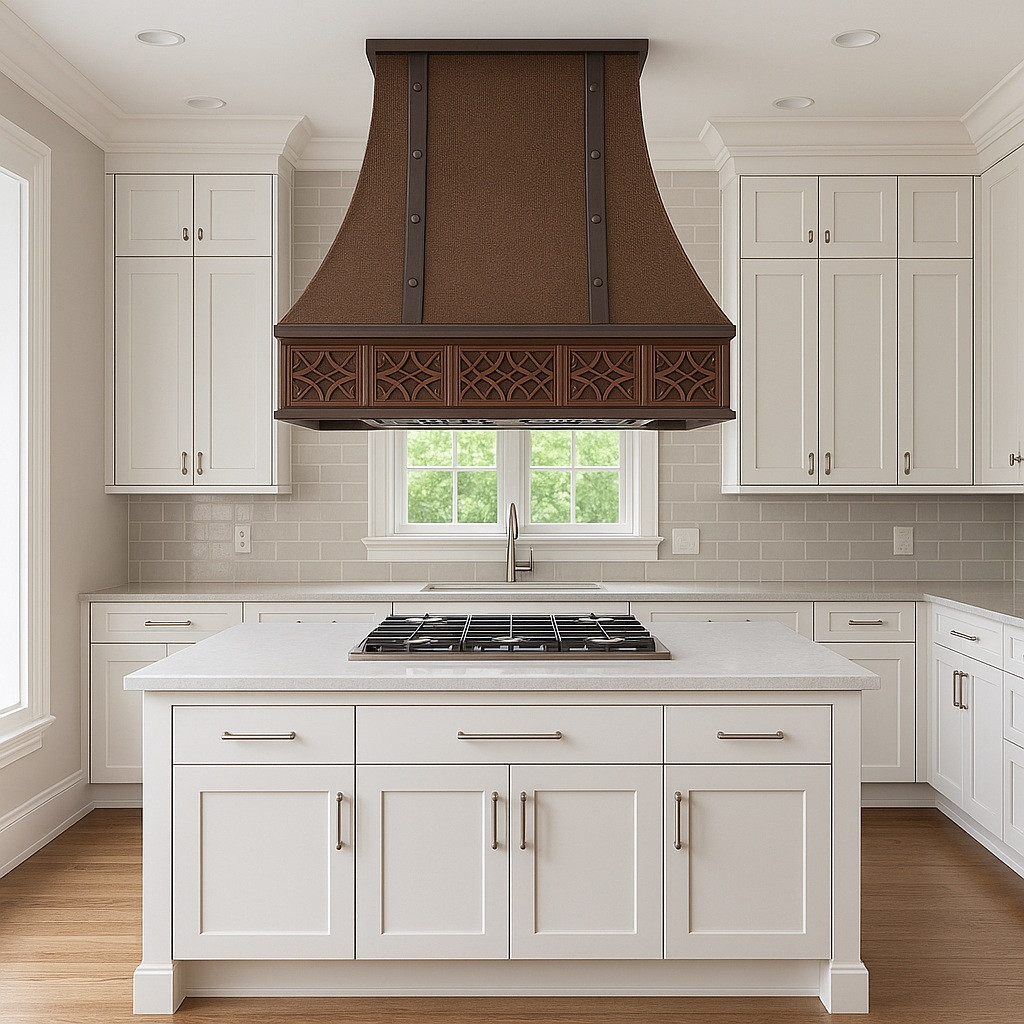 Spanish Colonial Revival island copper range hood in transitional kitchen, hammered canopy with warm patina above island cooktop and balanced cabinetry
