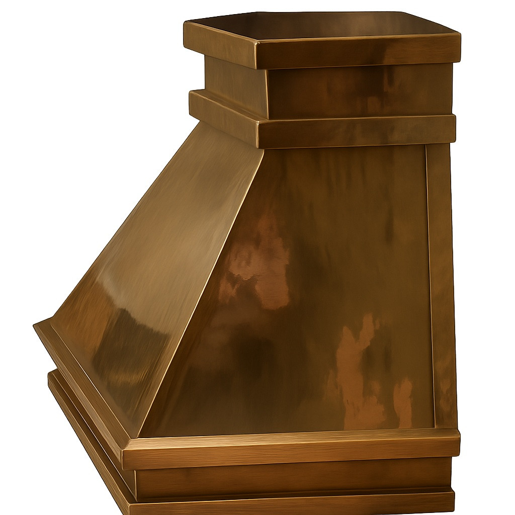 Hand polished copper range hood with tapered design side view, reflective geometric canopy with tapered silhouette and layered trim detailing