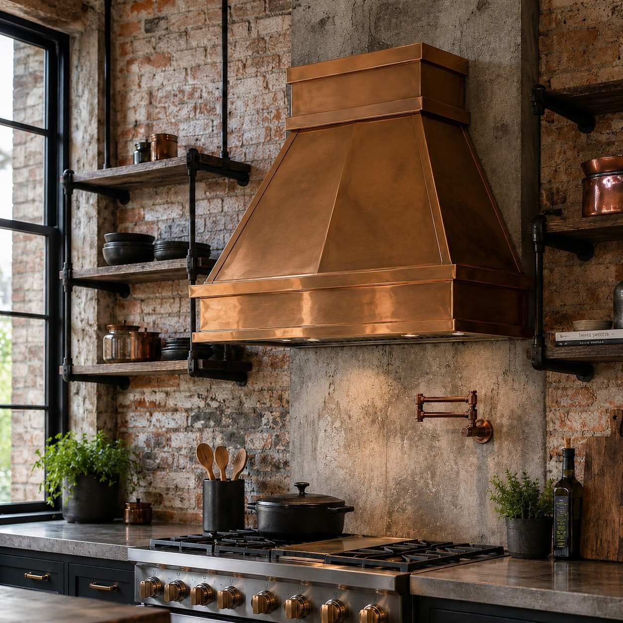 Industrial kitchen with polished copper range hood, tapered design, and warm reflective finish