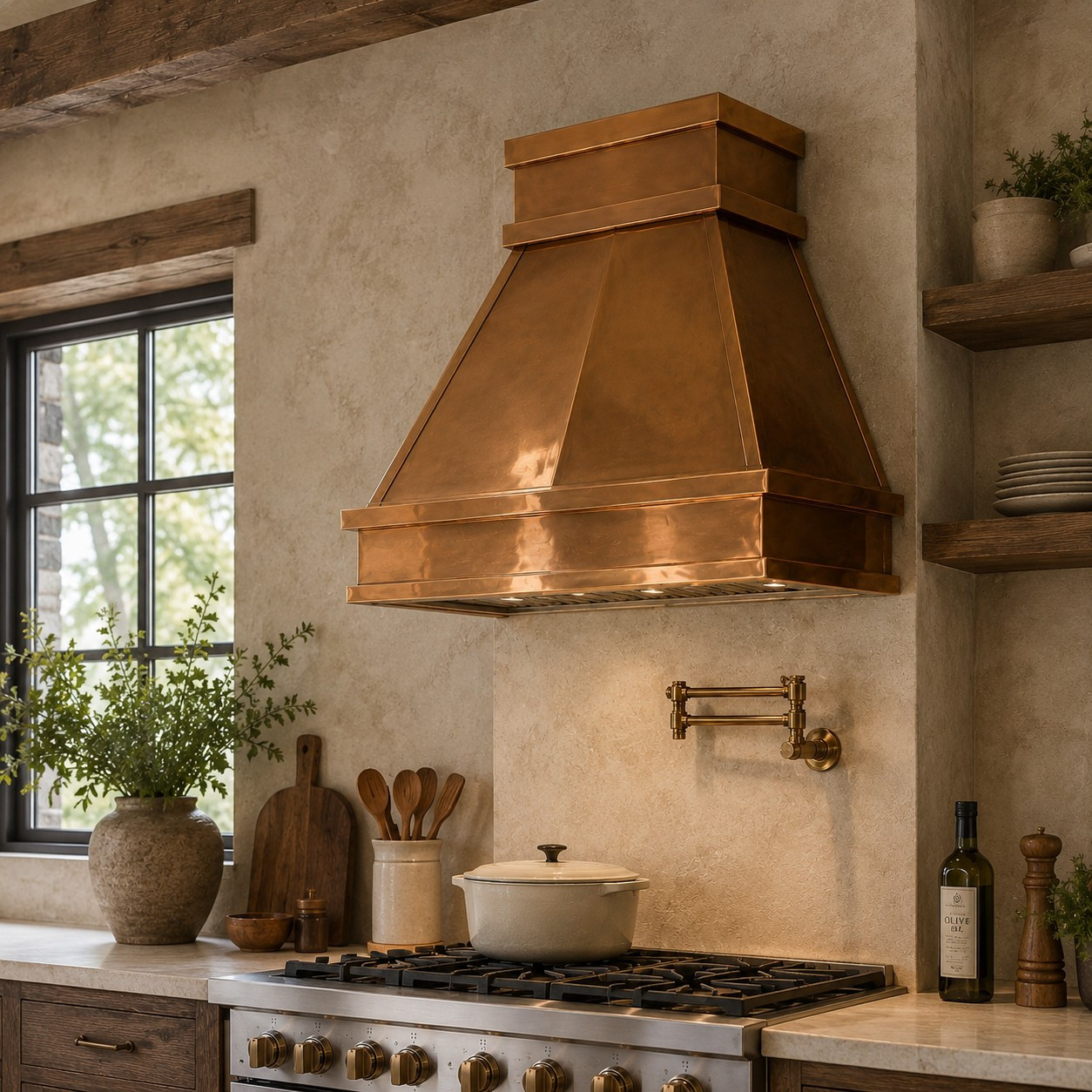 Rustic contemporary kitchen with polished copper range hood and tapered copper canopy