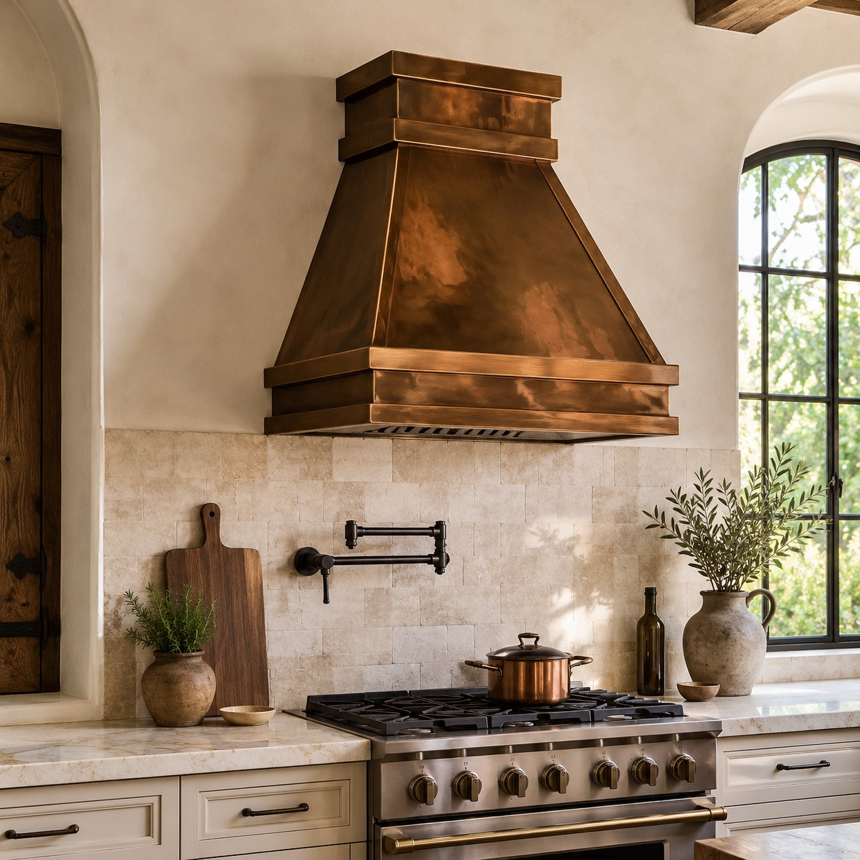 Transitional kitchen with polished copper range hood, tapered design, and classic cabinetry