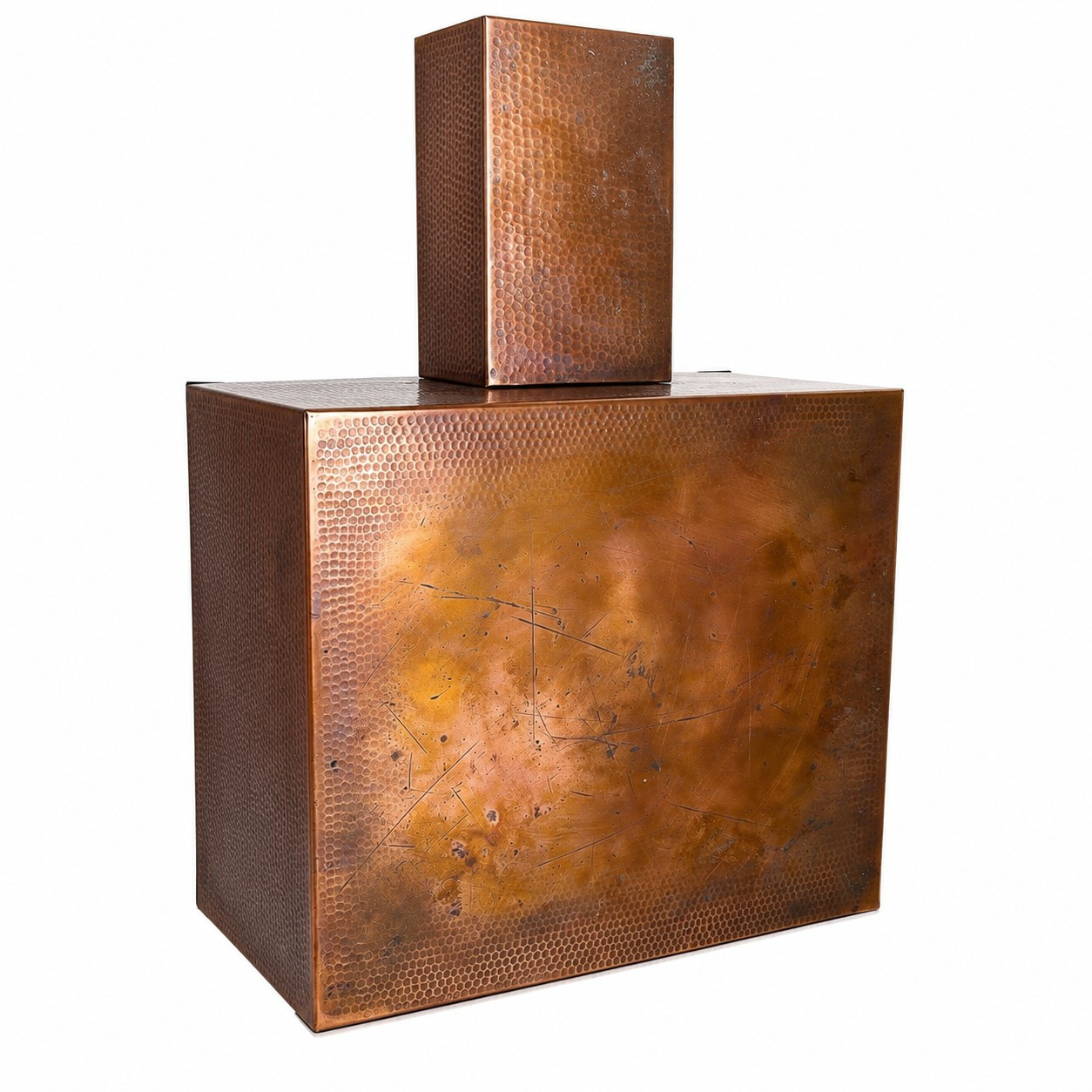 New York style hammered copper range hood with urban design side view, geometric copper canopy with hammered texture and streamlined industrial silhouette