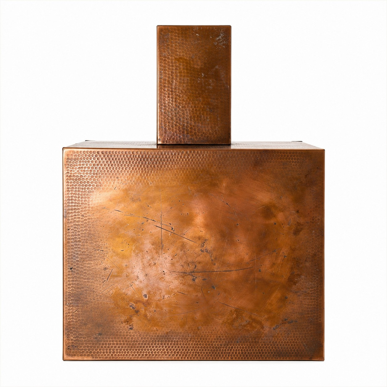 New York style hammered copper range hood with urban design front view, clean geometric canopy with hammered copper surface and industrial character
