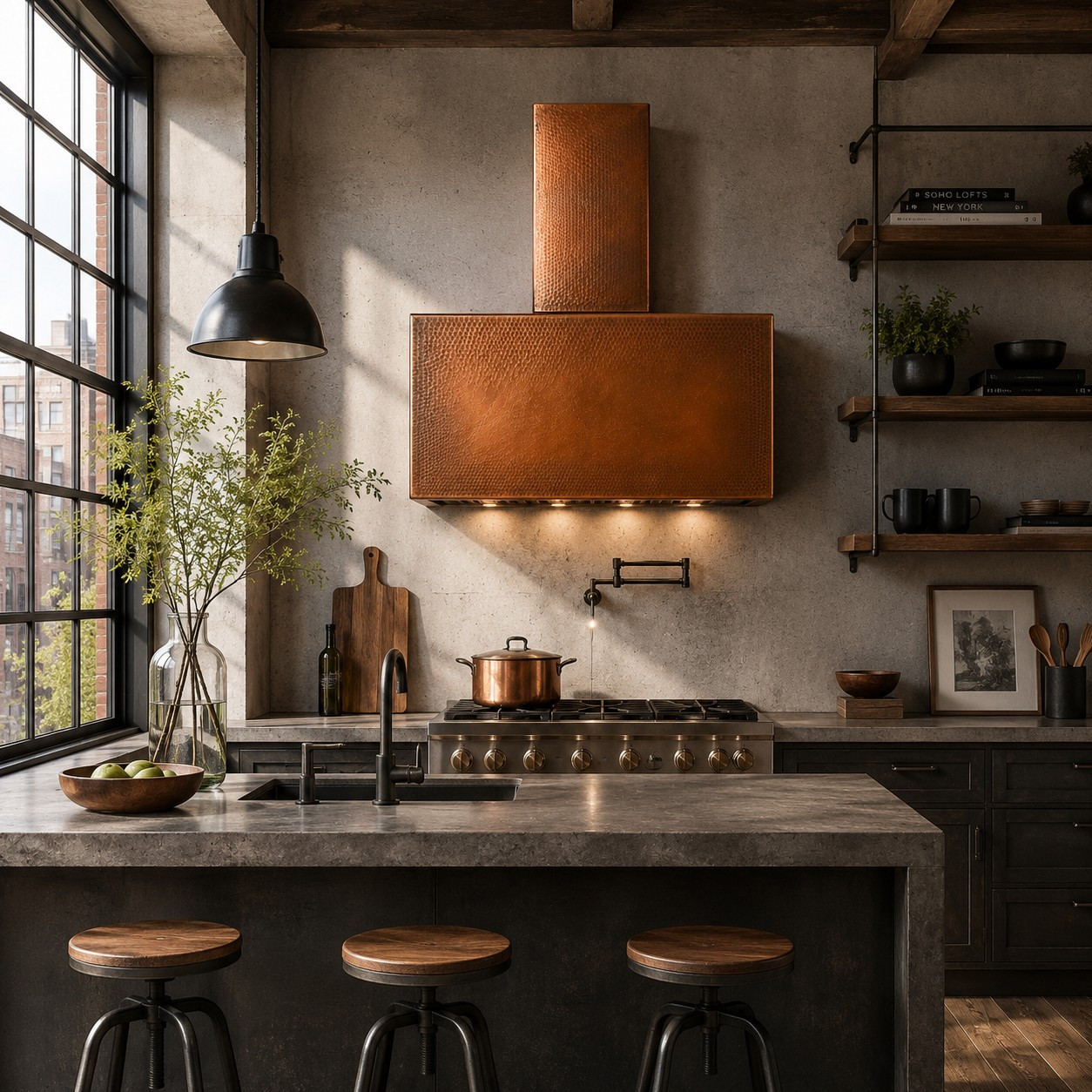 New York style hammered copper range hood with urban design in industrial modern kitchen