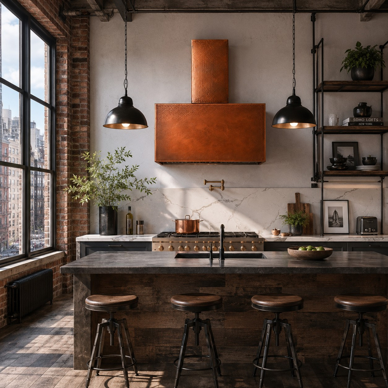 New York style hammered copper range hood with urban industrial design in New York loft kitchen