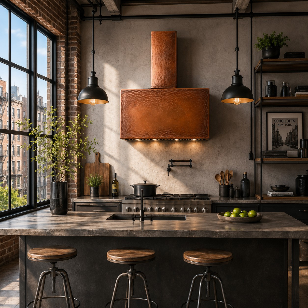 New York style hammered copper range hood with urban industrial design in luxury apartment kitchen