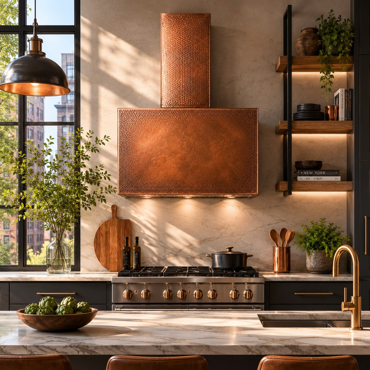New York style hammered copper range hood with urban industrial design in contemporary kitchen, minimalist copper form above sleek cabinetry and clean surfaces