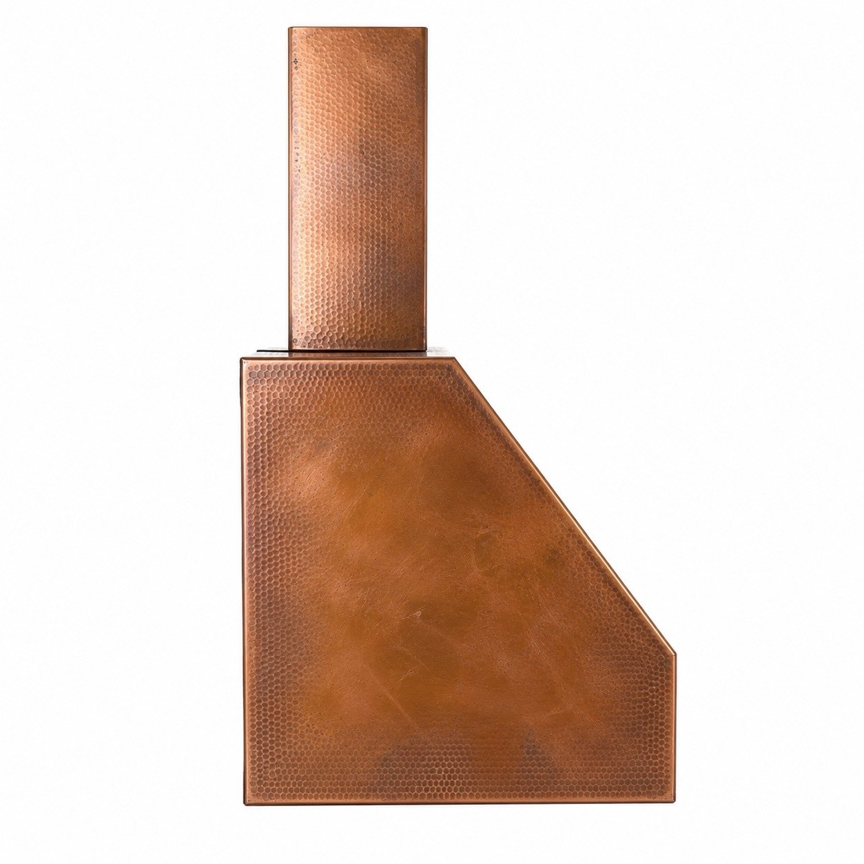 Industrial modern loft design copper range hood profile view on white background, geometric hammered copper canopy with streamlined urban industrial silhouette