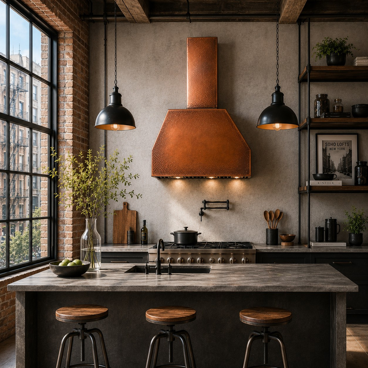 Industrial modern loft design copper range hood in industrial modern kitchen, geometric copper canopy with clean architectural lines and refined metal texture