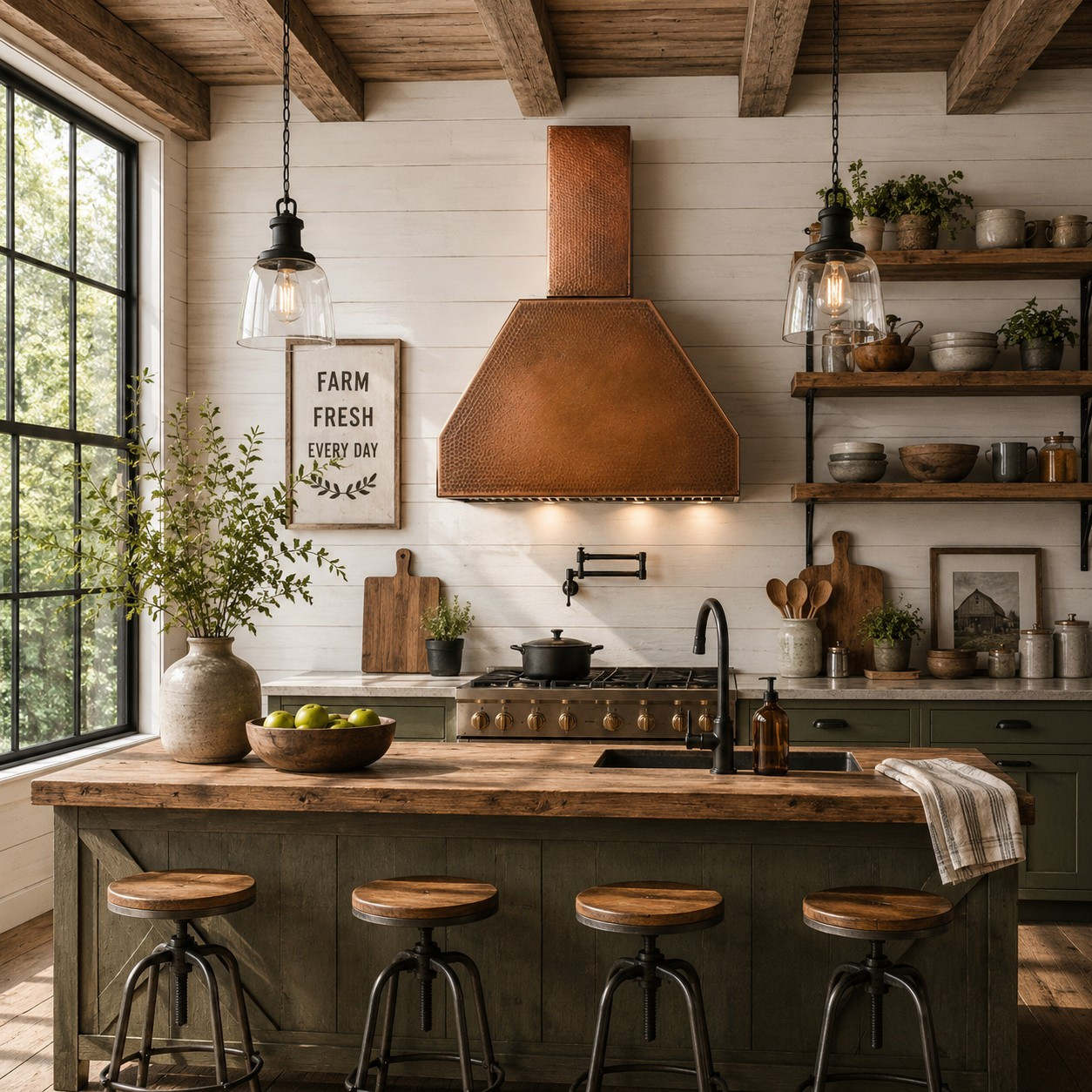Industrial modern loft design copper range hood in modern farmhouse kitchen, warm copper feature contrasting white cabinetry and natural wood accents