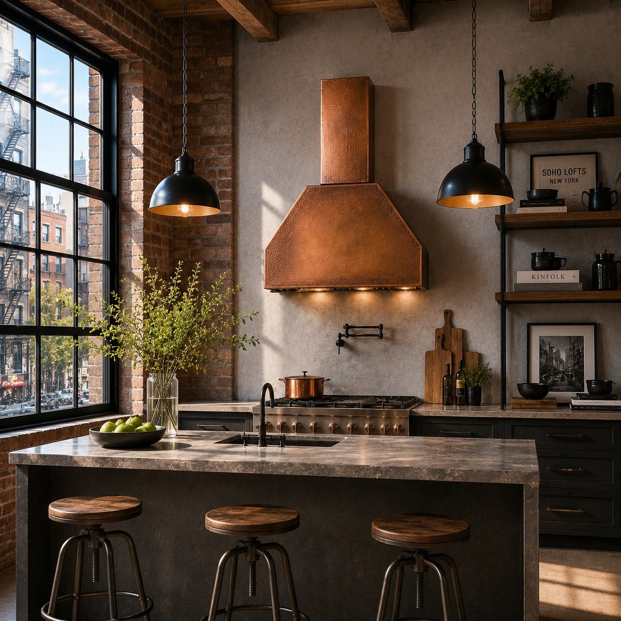 SoHo industrial loft kitchen with geometric copper range hood
