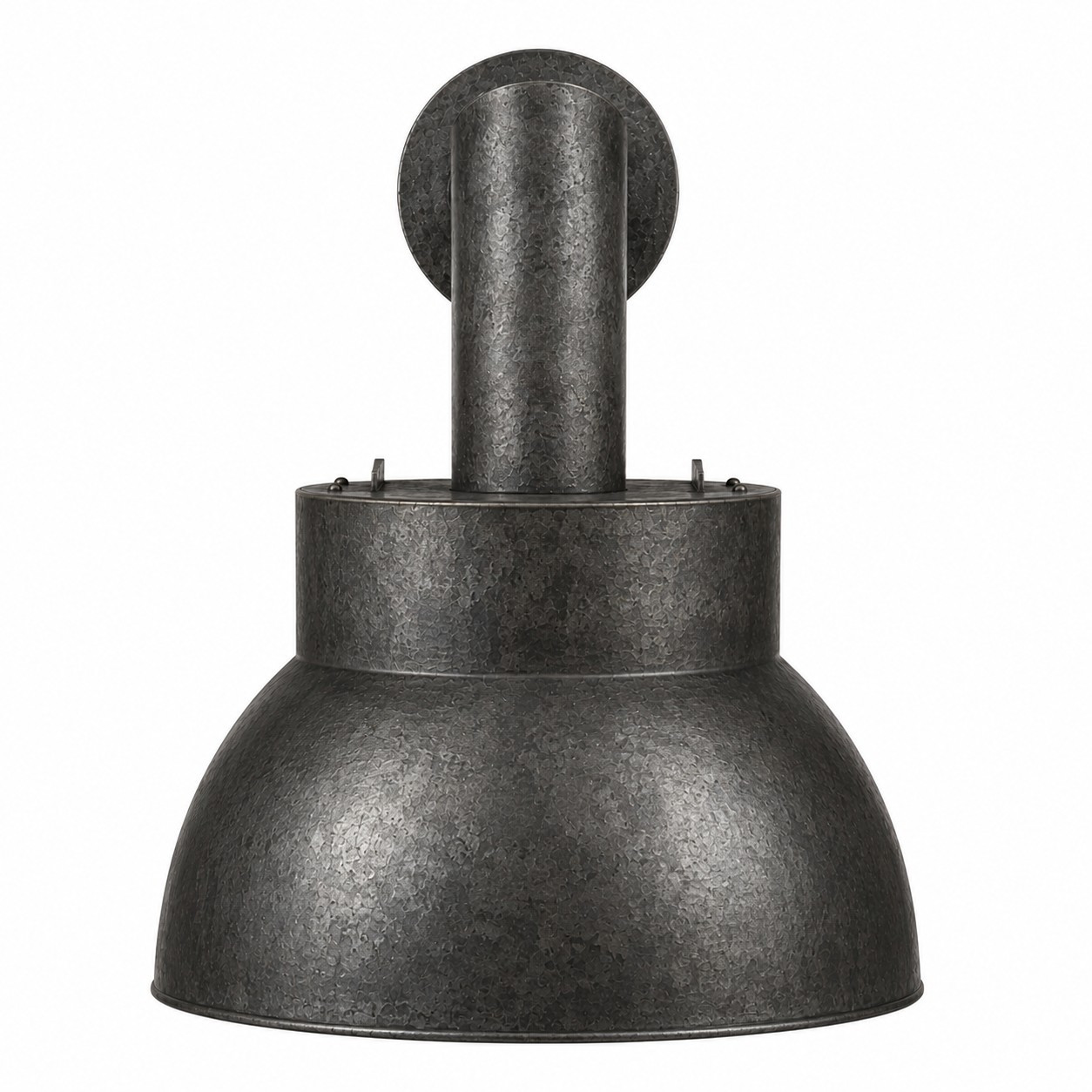 Dark zinc industrial range hood in New York style front view on white background, rounded canopy with exposed ductwork and hammered charcoal finish