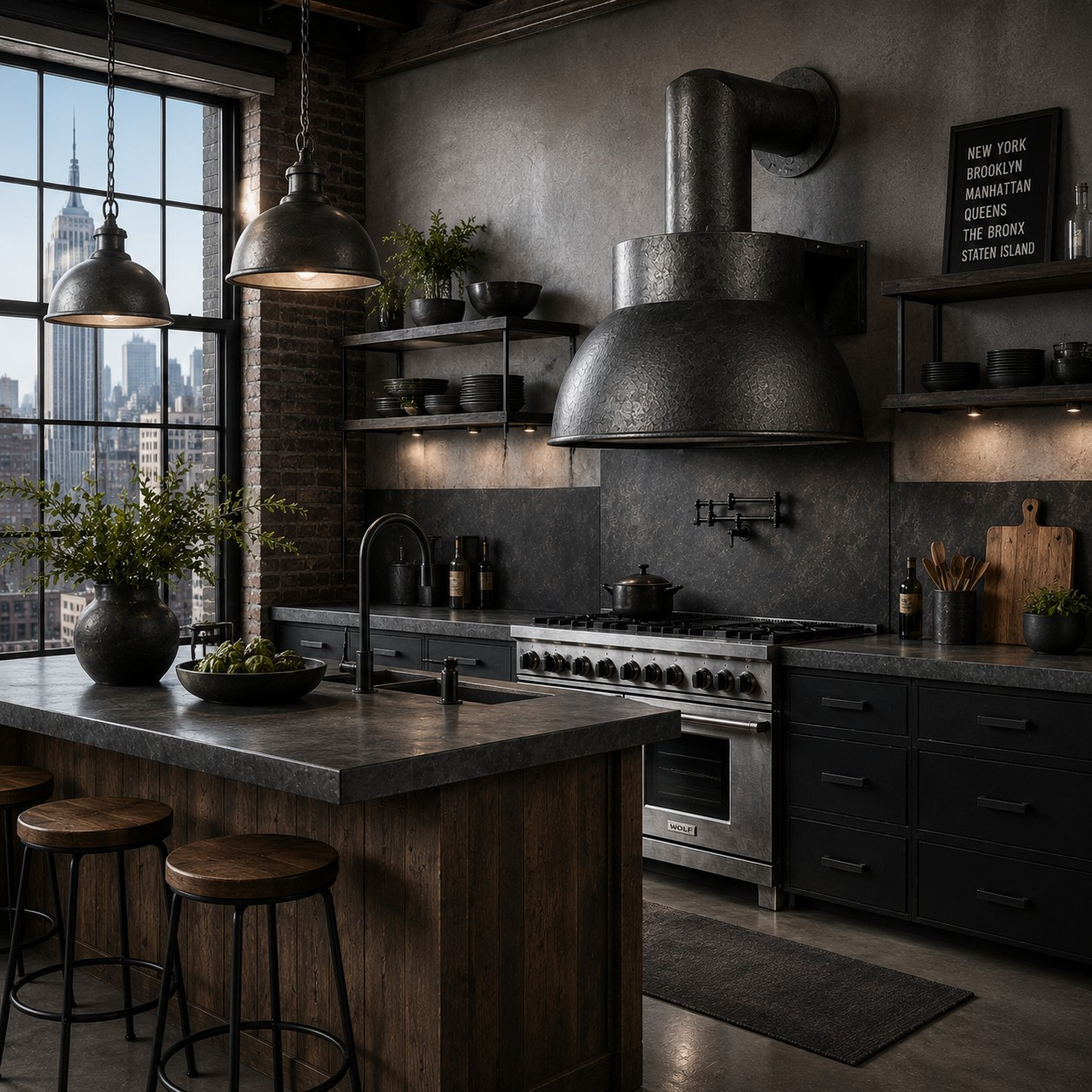 Dark zinc industrial range hood in New York Modern Industrial loft kitchen with Manhattan skyline views and matte black finishes