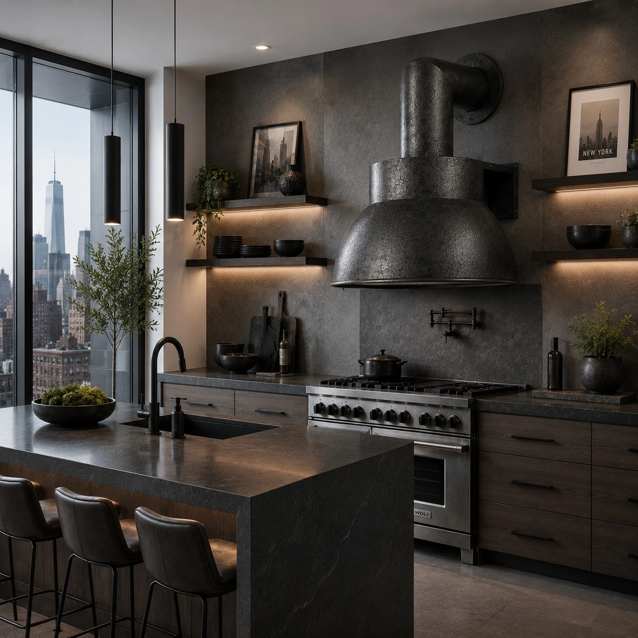 Dark zinc industrial range hood in Urban Contemporary kitchen with floor-to-ceiling windows and minimalist cabinetry