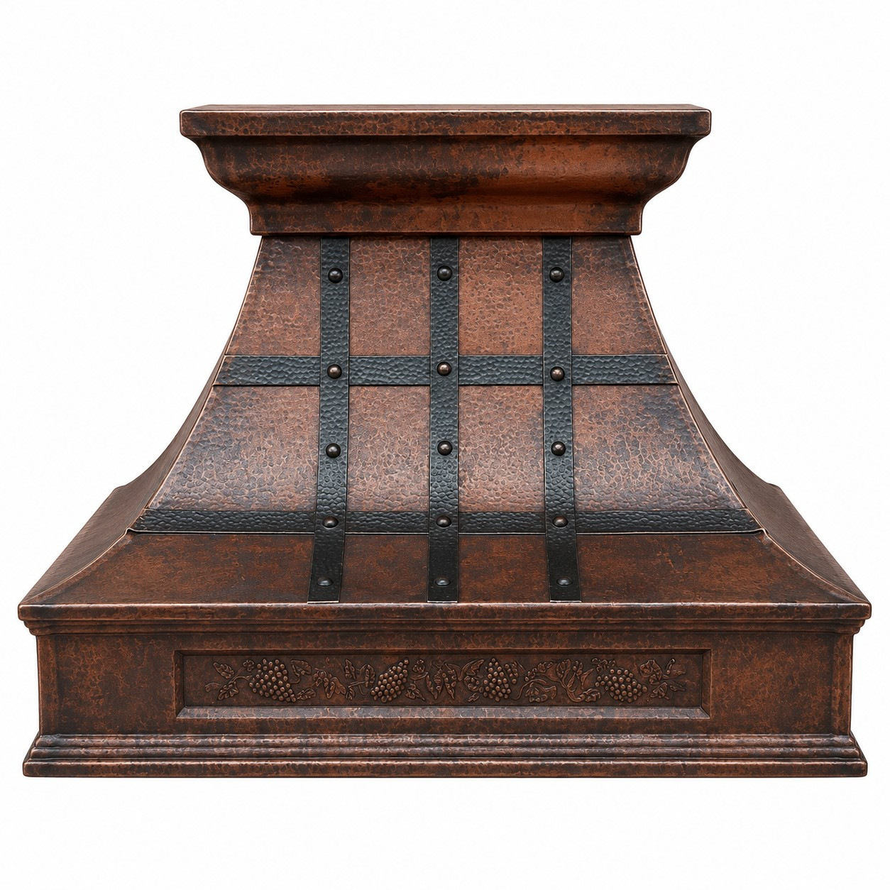 Rustic hammered copper range hood with darkened copper straps and grapevine apron front view, warm patina canopy with riveted bands and decorative vineyard motif