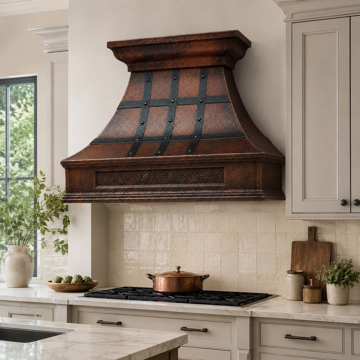 Hammered Copper Range Hood with Darkened Copper Straps