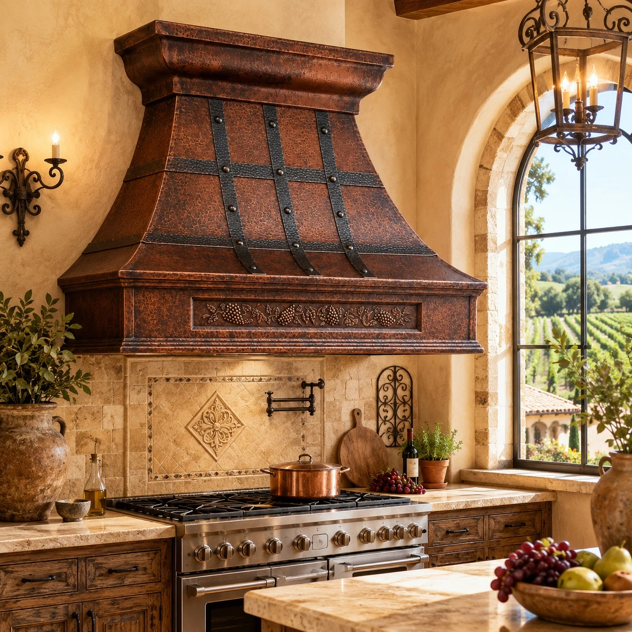 Hammered copper range hood with darkened straps in Tuscan kitchen with stone, plaster, dark wood, and warm traditional finishes
