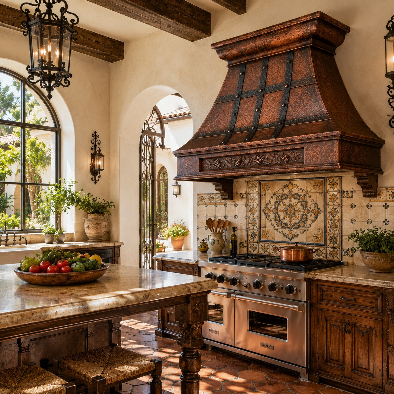 コレットマルーフ カフポニー ブラウン Hammered Copper Range Hood with Darkened Copper Straps