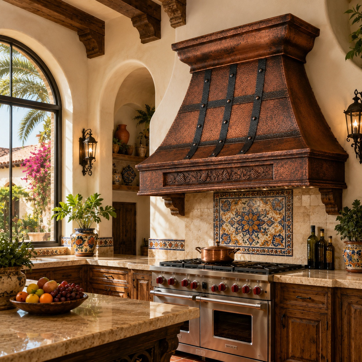 Hammered darkened copper range hood with grapevine apron in Mexican hacienda kitchen featuring exposed beams and natural light