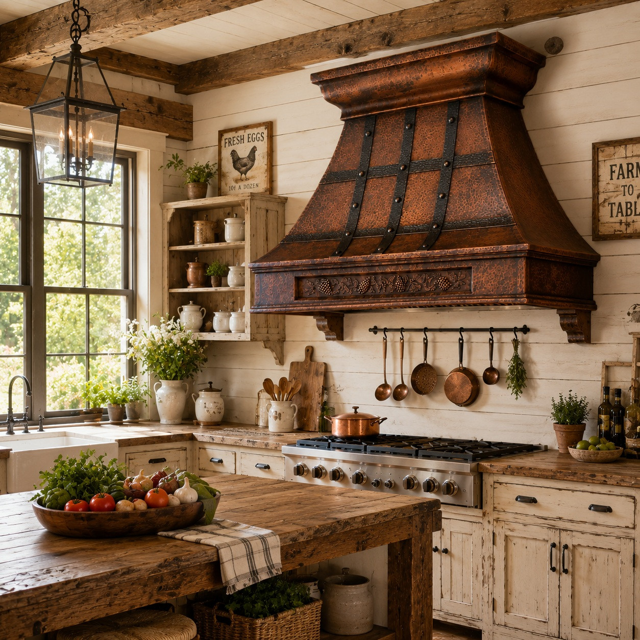 コレットマルーフ カフポニー ブラウン Hammered Copper Range Hood with Darkened Copper Straps