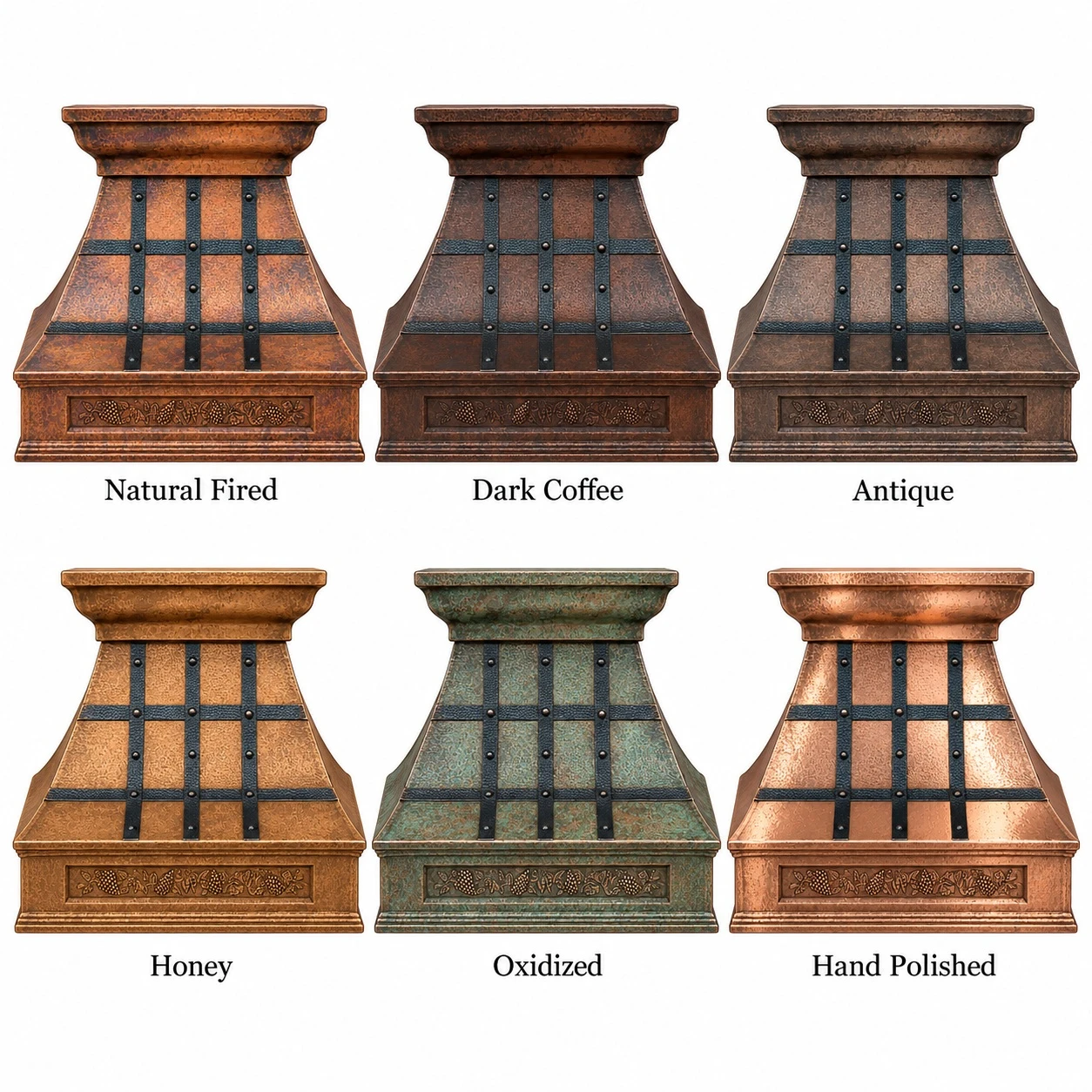 Six copper finish options for hammered range hood with contrasting darkened copper straps