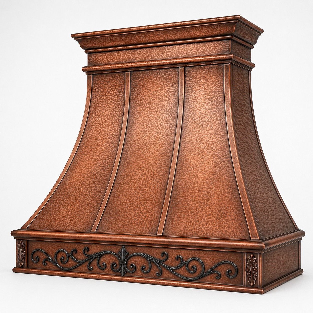 Victorian scroll copper range hood angled view with hammered copper body and forged iron apron detail on white background