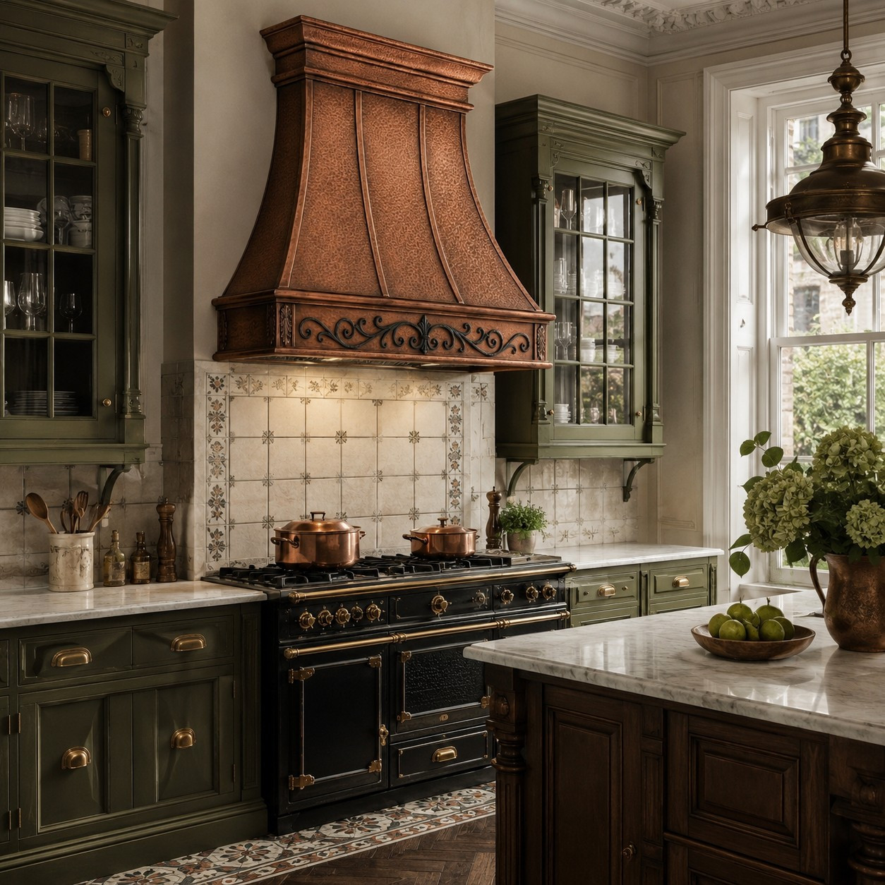 Victorian scroll copper range hood in a British Victorian townhouse kitchen with green cabinetry and encaustic tile