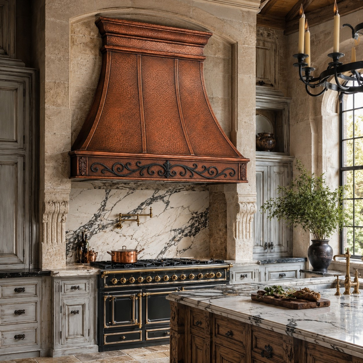 Victorian scroll copper range hood in a French châteaux kitchen with limestone alcove and marble backsplash