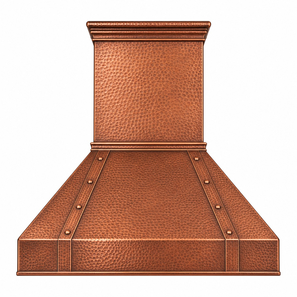 Retro Hammered Copper Range Hood front view with hammered copper texture, square chimney, riveted straps and white background
