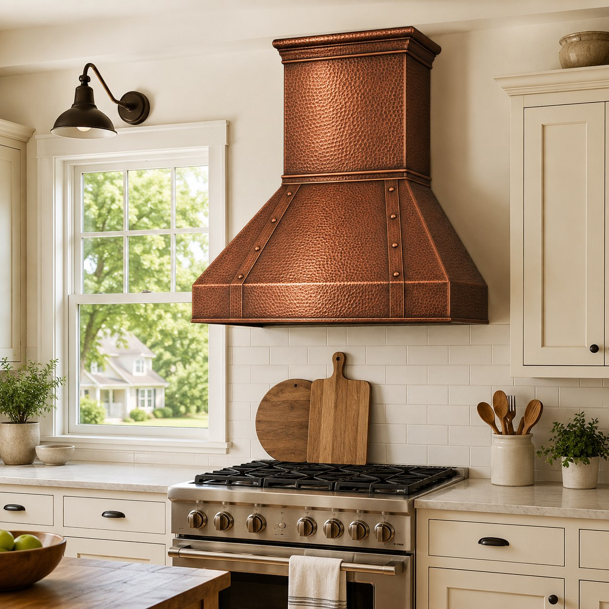Retro Hammered Copper Range Hood above stainless steel range in American suburban kitchen with off white cabinets and window