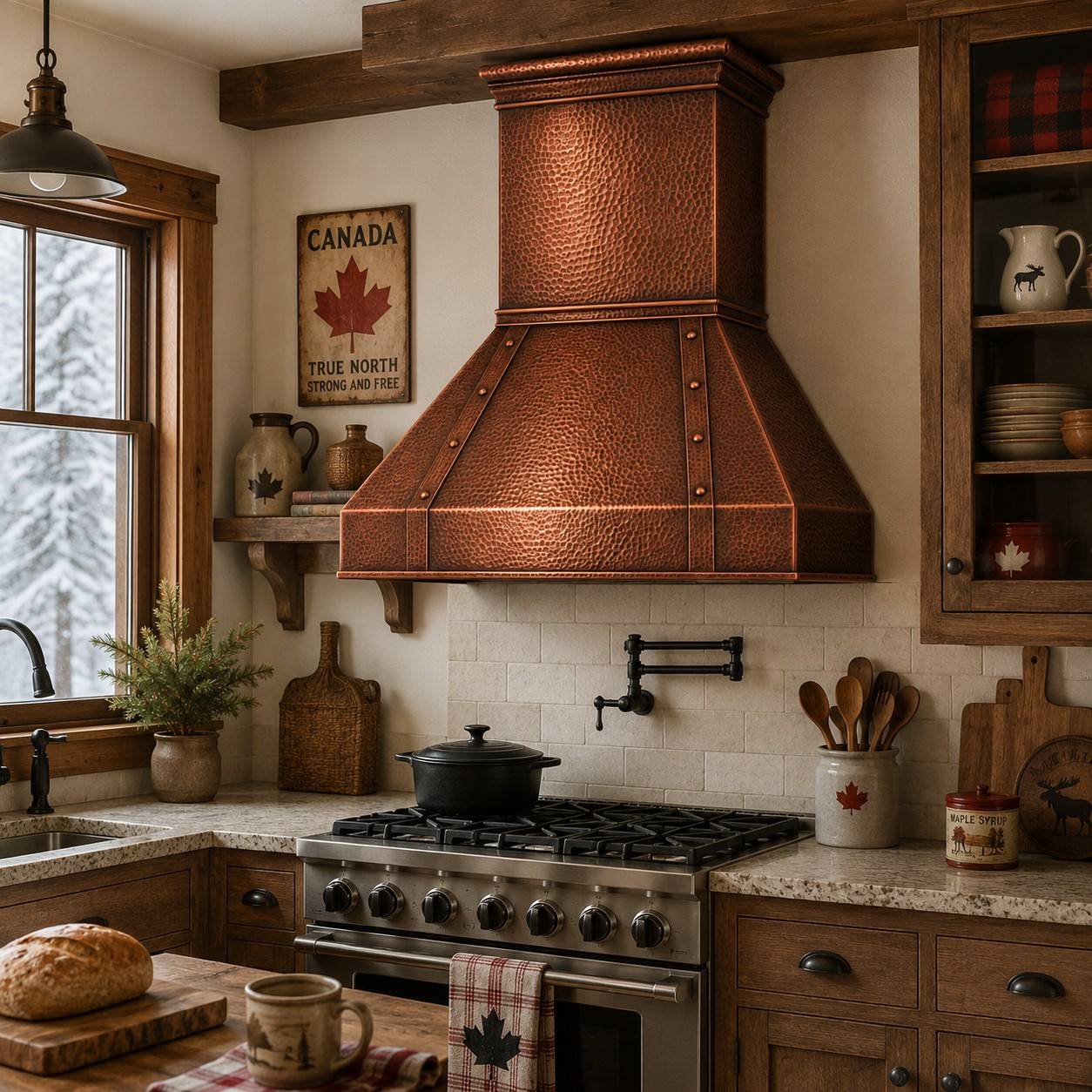 Retro Hammered Copper Range Hood in Canadiana artisan kitchen with rustic wood cabinetry, window and handcrafted details