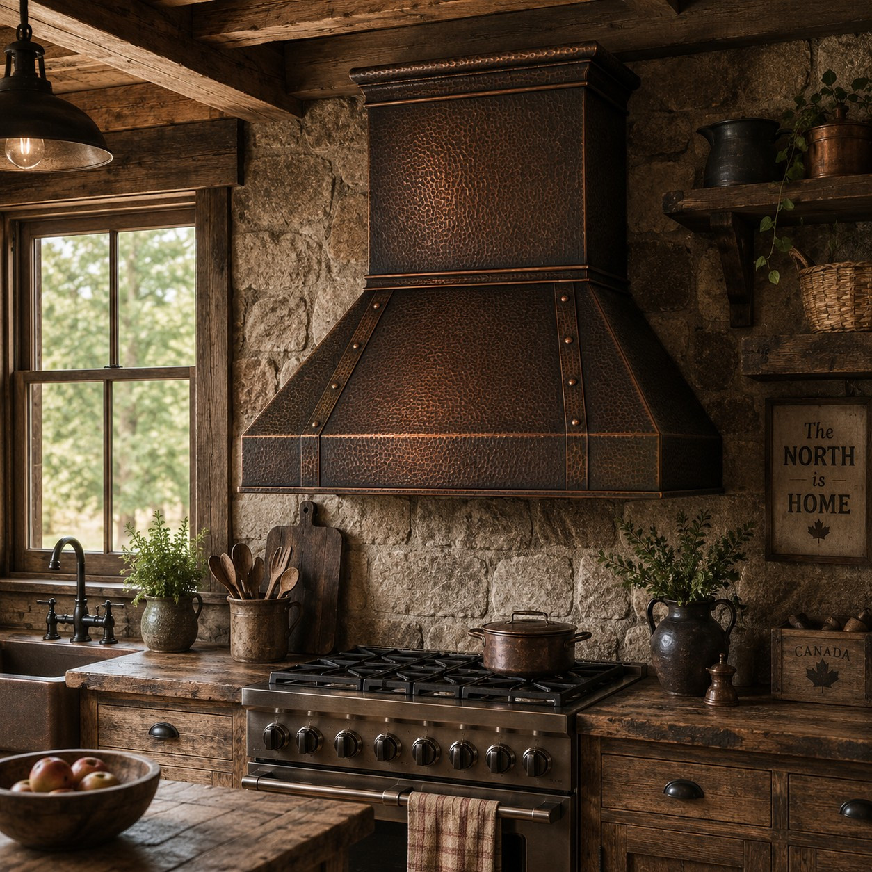Retro Hammered Copper Range Hood with dark copper patina in rustic kitchen with stone walls, wood beams and farmhouse range