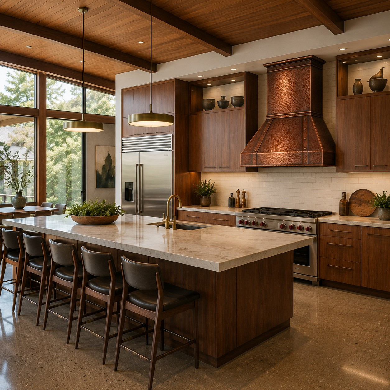 Mid-century kitchen with retro hammered copper range hood