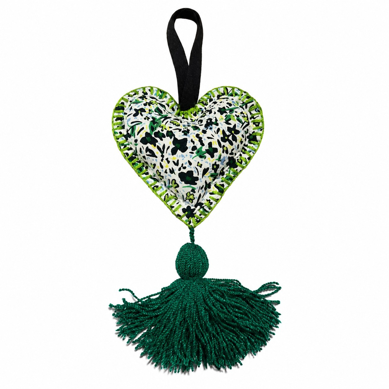 Handmade Mexican heart ornament with green floral pattern, black hanging loop and emerald tassel on white background