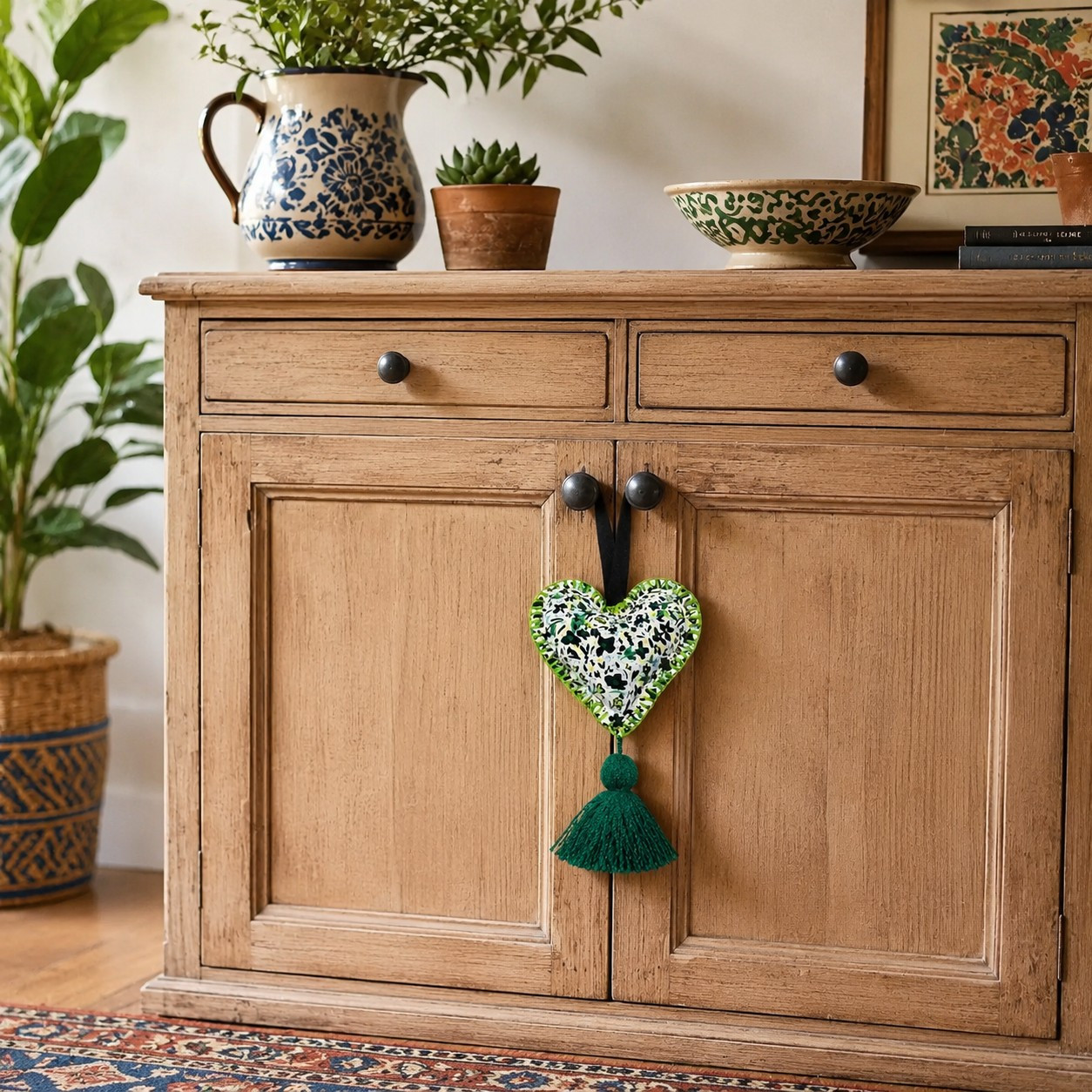 Handmade Mexican heart ornament with green floral pattern hanging from rustic cabinet door pull in a cozy room