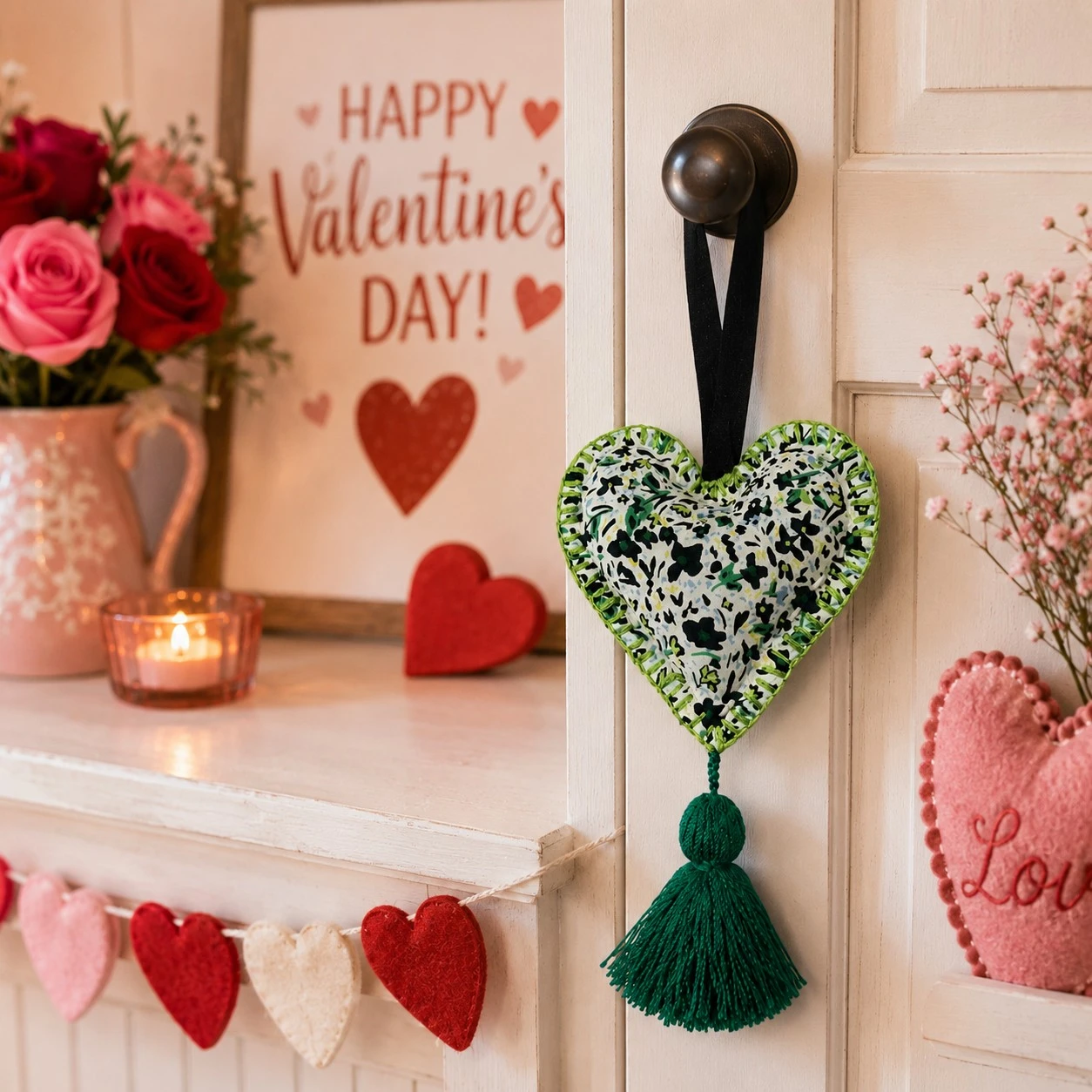 Handmade Mexican heart ornament with green floral pattern used as a Valentine's Day decoration on a cabinet knob