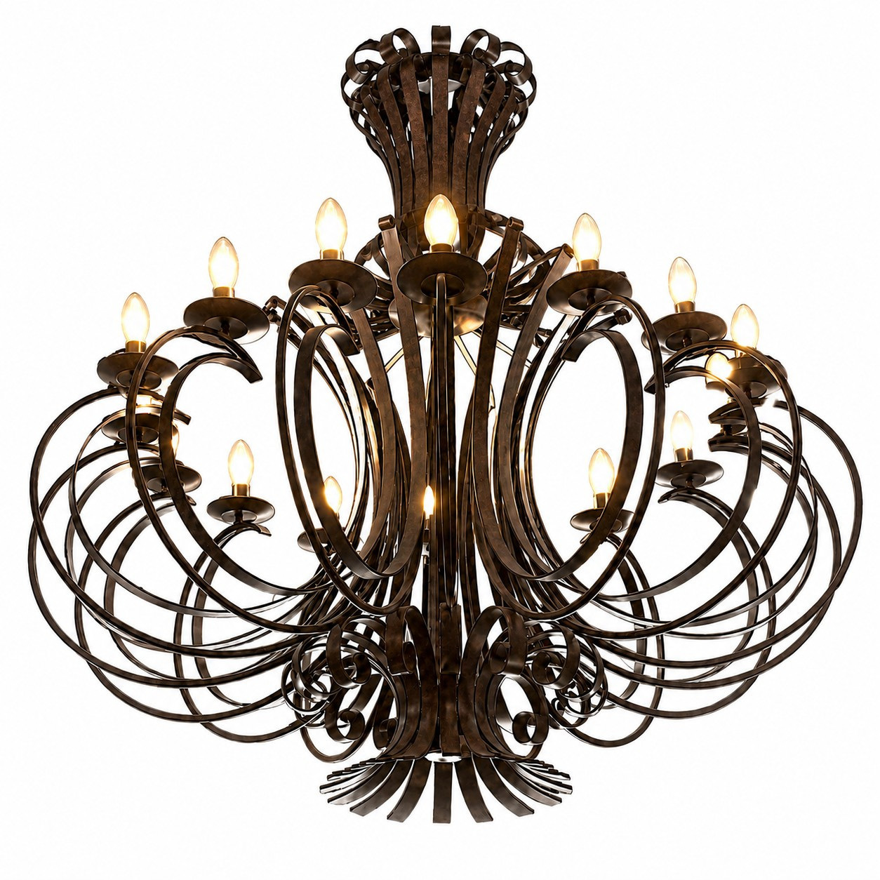Sculptural iron chandelier with layered loop scrollwork, light on and artisan forged metal details on white backgroun